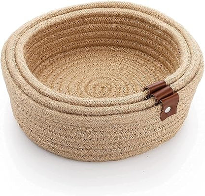 Mini Rope Storage Natural Handwoven Jute Shelf Basket For Your Home & Kitchen - Pack of 3 (SET OF 3, Beige)