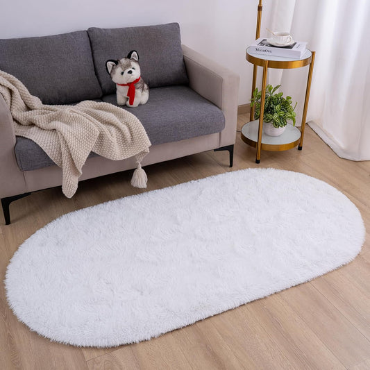 White Oval 2 Inch long Pile Premium Extra Fiber Bedside Runner - Extra Soft Feel, Anti-Skid Rubber Backing