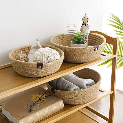 Mini Rope Storage Natural Handwoven Jute Shelf Basket For Your Home & Kitchen - Pack of 3 (SET OF 3, Beige)