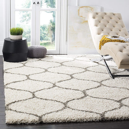 Kashyapa Rugs Collection-Ivory With Grey lining Moroccan Super Soft Microfiber Fluffy Rug.