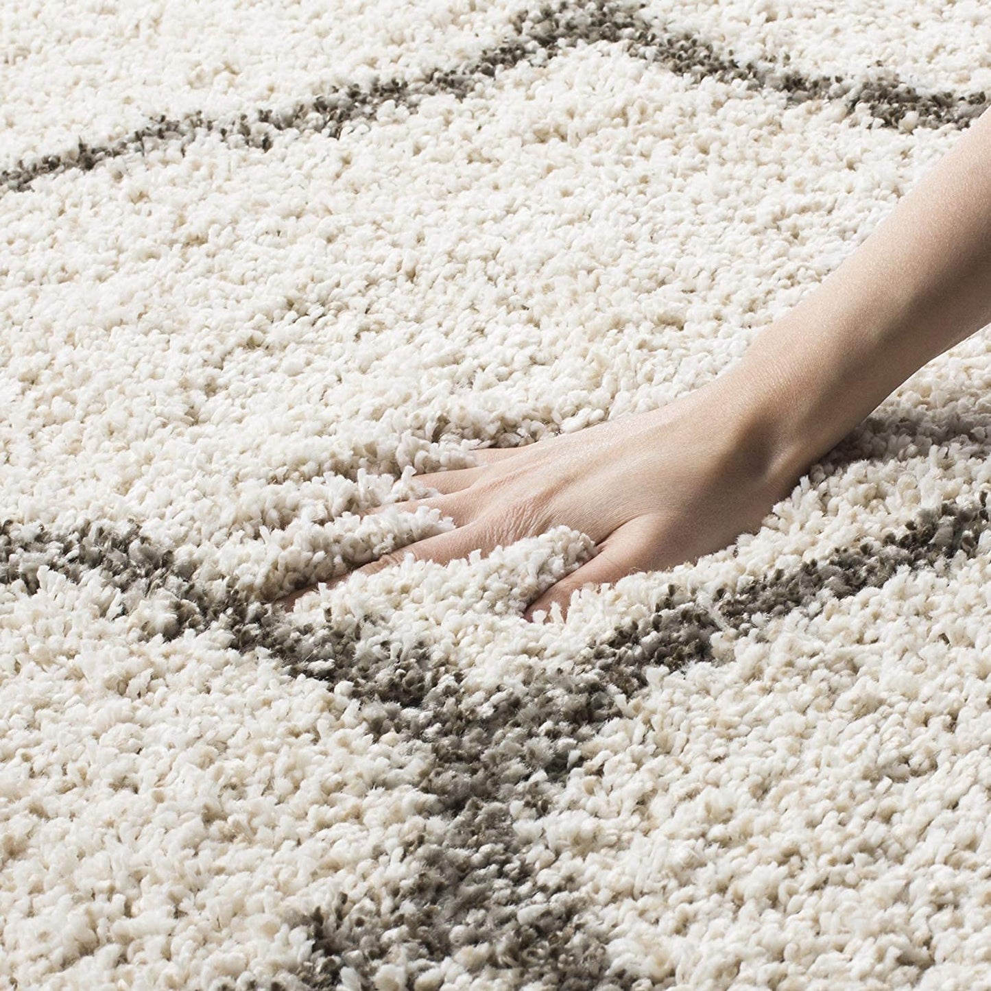 Ivory With Grey lining Moroccan Super Soft Microfiber Fluffy Rug.