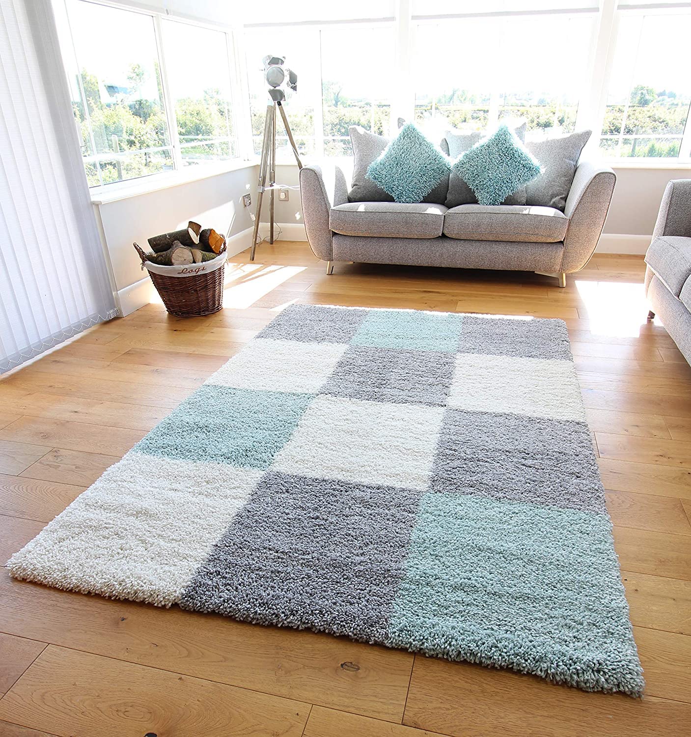 Kashyapa Rugs Collection - Handwoven  Shag Collection Super Soft Microfiber Silk Touch Rugs/ Ivory, Grey with Aqua