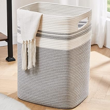 Kashyapa Storage Organizer Foldable Wardrobe Cotton Mini Rope Laundry Basket Cloth Storage Box Office Set,Room,planters,Dirty Clothes (White Grey)