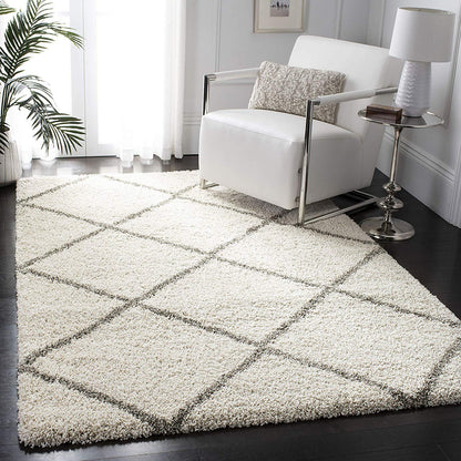 Kashyapa Rugs Collection - Diamond Design Shaggy Rug Ivory with Grey/ Microfiber Hand tufted Carpet For Living Room | Bedroom