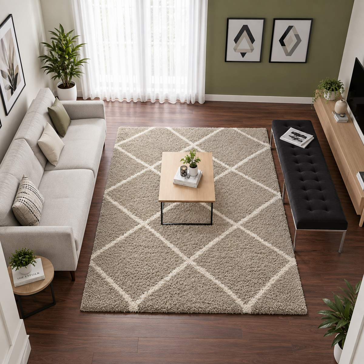 Ivory & Beige Diamond Shaggy Rug – Soft Feel with Anti-Skid  Backing
