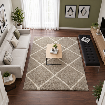 Ivory & Beige Diamond Shaggy Rug – Soft Feel with Anti-Skid  Backing