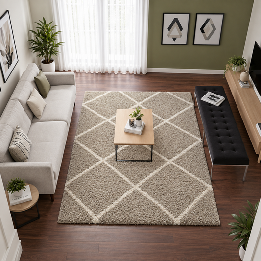 Ivory & Beige Diamond Shaggy Rug – Soft Feel with Anti-Skid  Backing