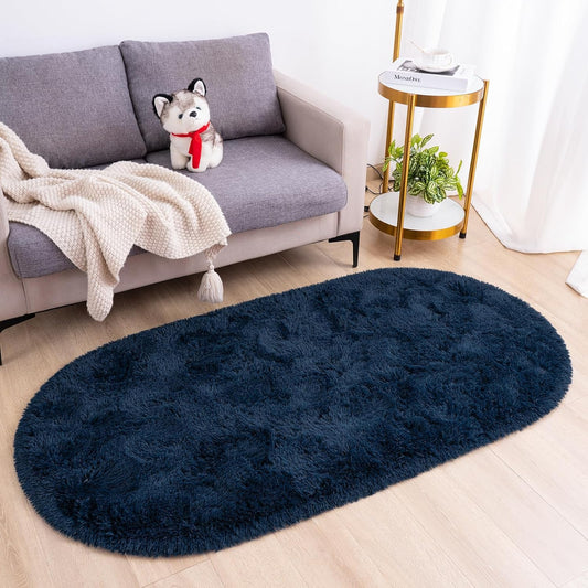 Navy Blue 2 Inch long Pile Premium Soft Microfiber Bedside Runner Oval Design – Anti-Skid Rubber Backing