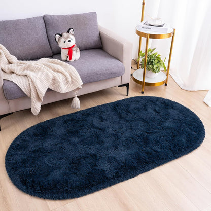 Navy Blue Oval 2 Inch Pile Premium Micro Runner - Extra Soft Feel, Anti-Skid Rubber Backing