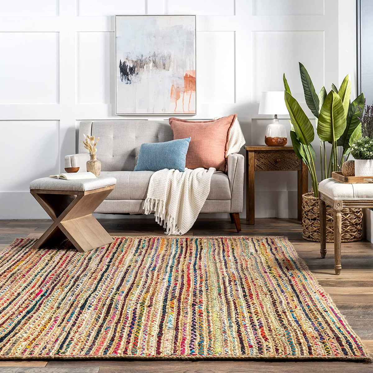 Natural Jute with Multicolor cotton Dye Scalloped Design Handmade Braided Farmhouse Rectangle Jute Area Rug.