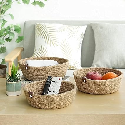 Mini Rope Storage Natural Handwoven Jute Shelf Basket For Your Home & Kitchen - Pack of 3 (SET OF 3, Beige)