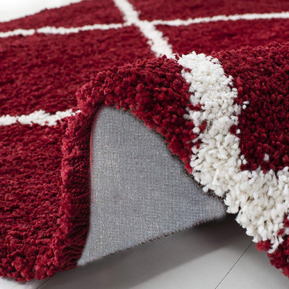 Diamond Shaggy Rug for Bedroom Red with Ivory Lines/ Microfiber Hand tufted Carpet