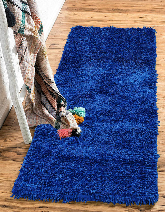 Blue colour 2 Inch long Pile Premium Microfiber Bedside Runner - Soft Feel, Anti-Skid Rubber Backing