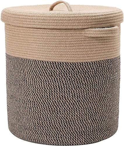Storage Organizer Foldable Wardrobe Cotton Mini Rope Laundry Basket with lid Cloth Storage Box ,Living Room,planters,Dirty Clothes (Beige Black Mix)