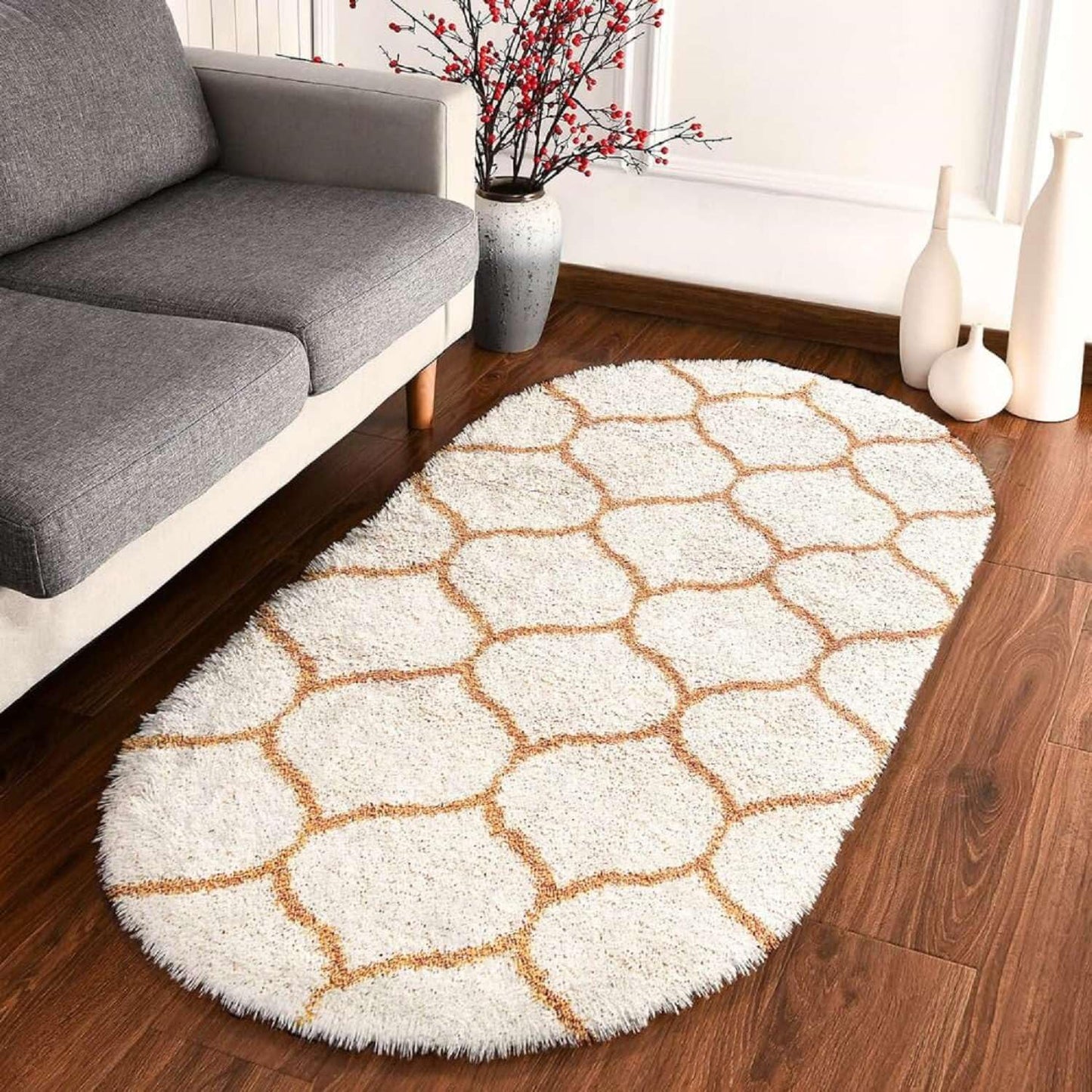 Mustard-Ivory Oval Shape Premium Micro Runner - Soft Feel, Anti-Skid Rubber Backing