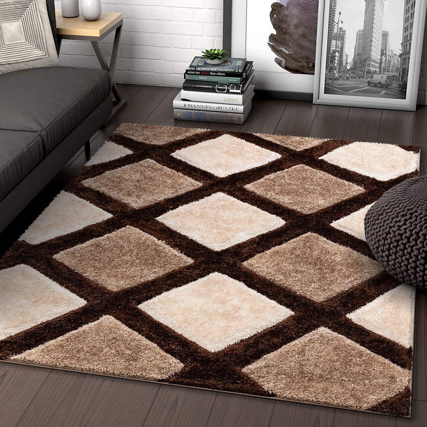 Kashyapa Rugs Collection - Coffee & Beige Luxurious 3D Shaggy Rug Carpets