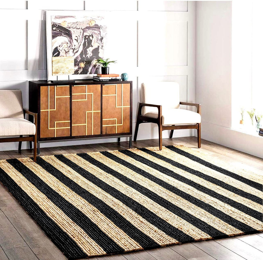 Kashyaparugs handmade natural jute area rug with bold black double patta stripe design – structured woven texture, low-maintenance, suits modern and minimalist interiors
