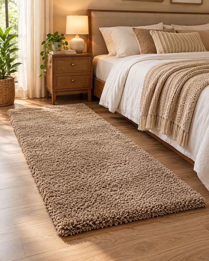 Brown 2 inch long pile Plain Beautiful Premium Microfiber Bedside Runner -  Soft Feel, Anti-Skid  Backing