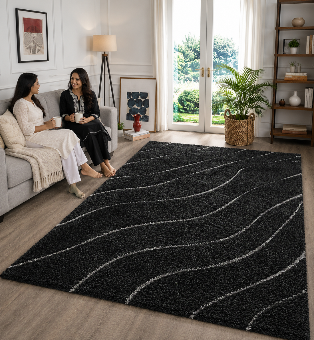 KashyapaRugs micro waves carpet in black and white – sculpted flowing wave pattern in bold monochrome palette with soft plush surface for modern living rooms and bedrooms, anti-skid backing 
