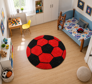 KashyapaRugs red football modern design premium round shaggy rug – bold sporty football-inspired pattern with plush soft pile for living rooms and game rooms
