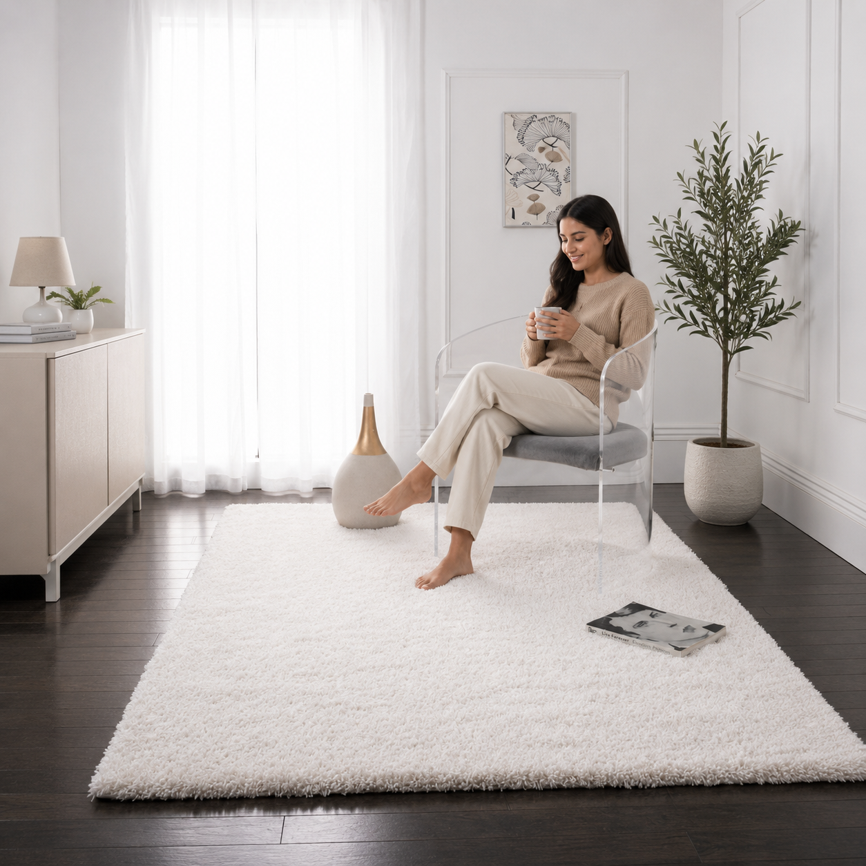 White Shaggy Rug – Extra Soft Microfiber Hand-Tufted Carpet for Living Room – Soft Feel with Anti-Skid Rubber Backing
