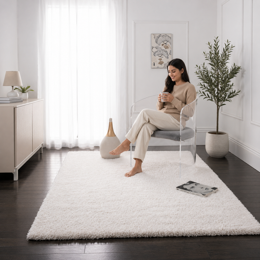 White Shaggy Rug – Extra Soft Microfiber Hand-Tufted Carpet for Living Room – Soft Feel with Anti-Skid Rubber Backing