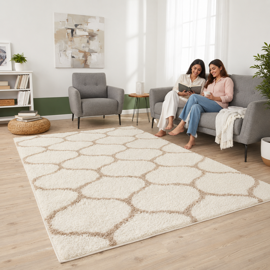 Cream and Beige Moroccan Lattice Microfiber Rug – Soft Feel & Anti-Skid Rubber Backing