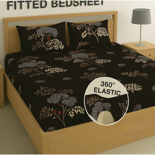 Kashyapa Rugs - Premium Glace Cotton Dark Brown leaf Trees🌲 Fitted Bedsheet – Double Bed Size with 2 Pillow Covers