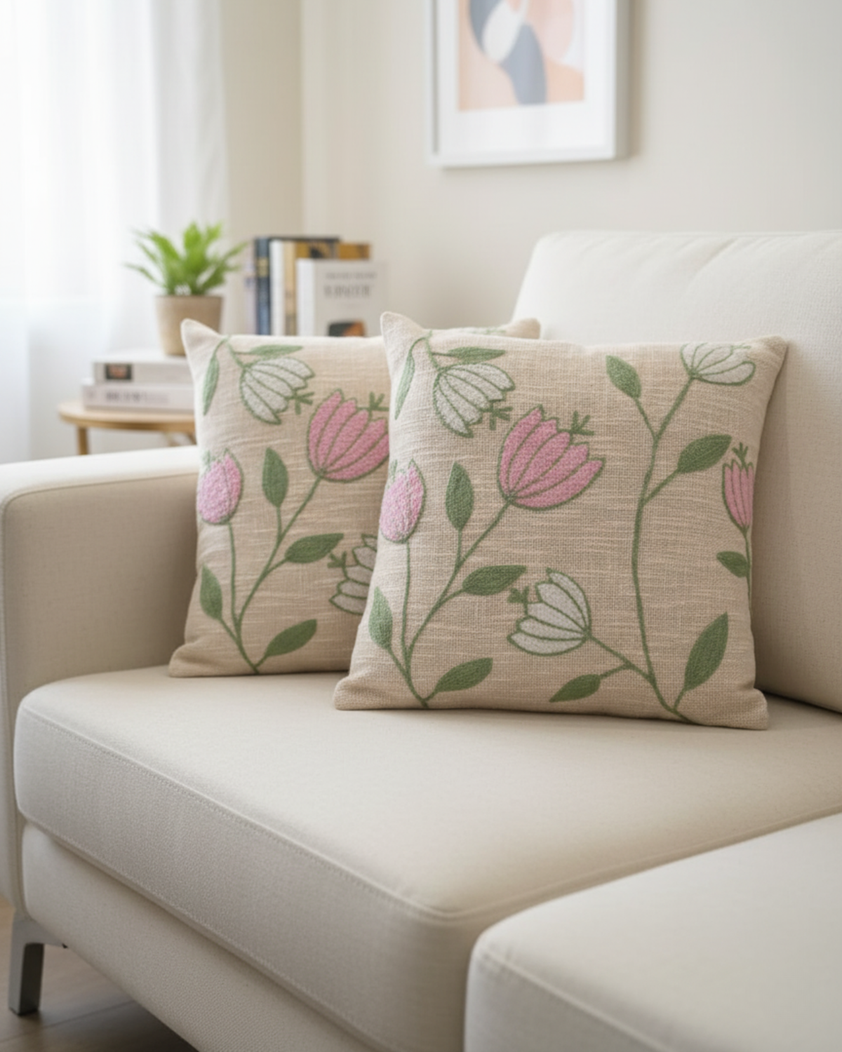 Pink & Green Floral Embroidered Cushion Cover | Decorative Throw Pillow Cover for Sofa & Living Room