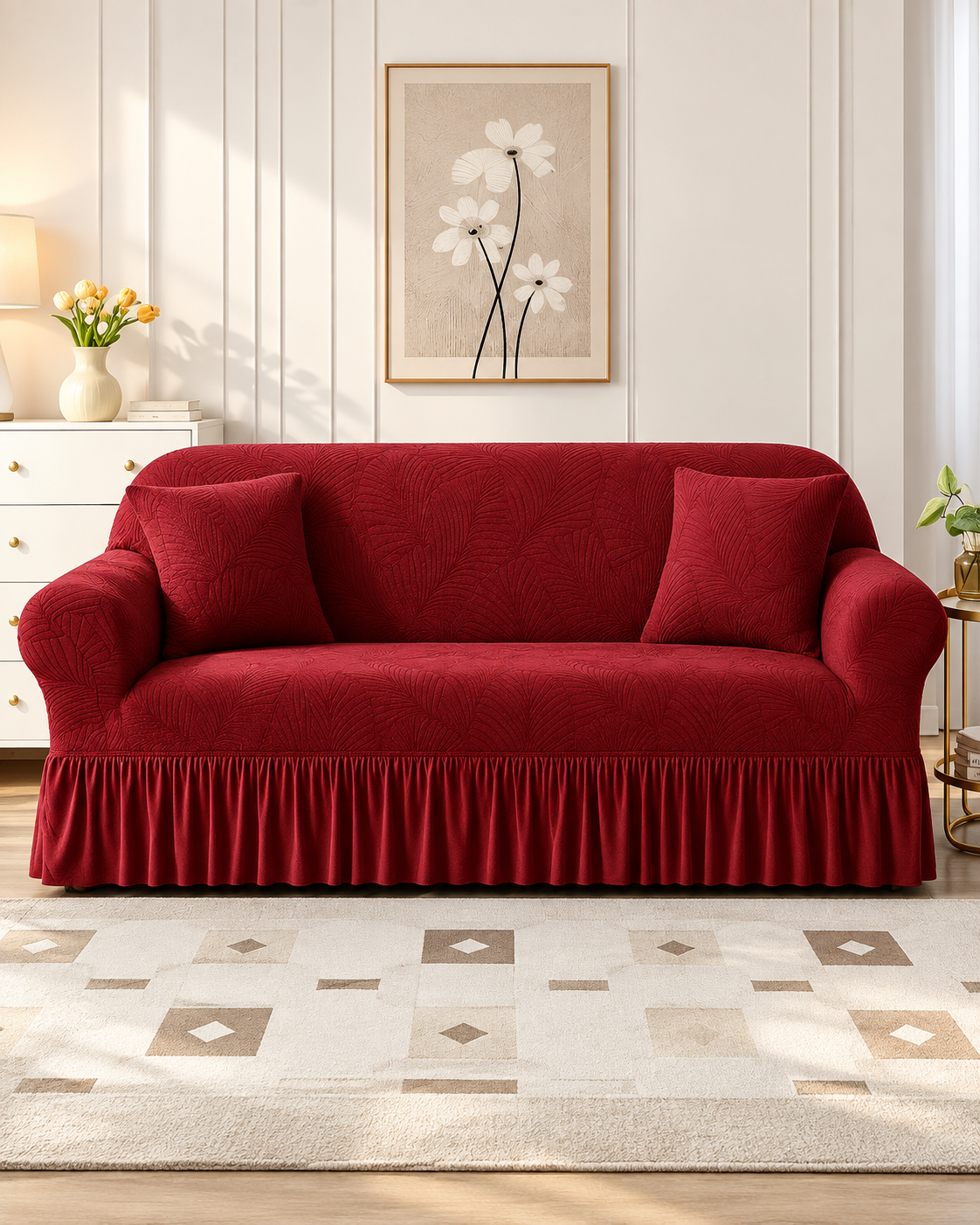 Wine Red Jacquard 5 Seater Sofa Cover – Leaf Pattern, Elastic Fit & Elegant Frill