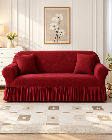 Wine Red Jacquard 5 Seater Sofa Cover – Leaf Pattern, Elastic Fit & Elegant Frill