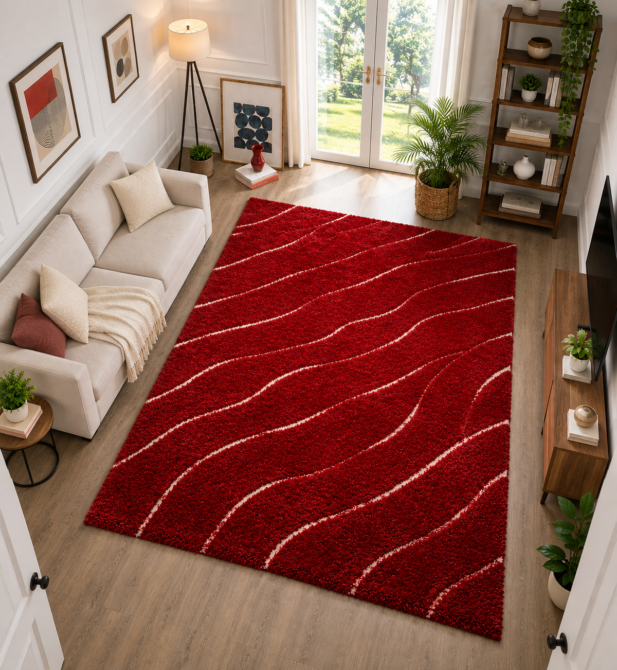 Micro Waves Carpet In Red And Ivory- Anti Skid Backing