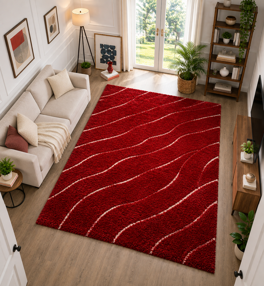 Micro Waves Carpet In Red And Ivory- Anti Skid Backing