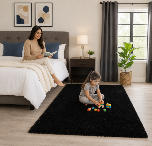 Beautiful Black 2 Inch long Pile Premium Microfiber Bedside Runner -  Soft Feel, Anti-Skid Rubber Backing