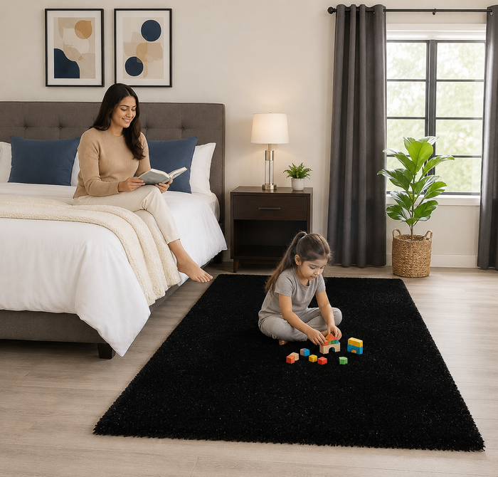 KashyapaRugs beautiful black 2-inch pile premium microfiber bedside runner – deep black tone, plush super absorbent surface for cozy morning comfort, anti-skid rubber backing