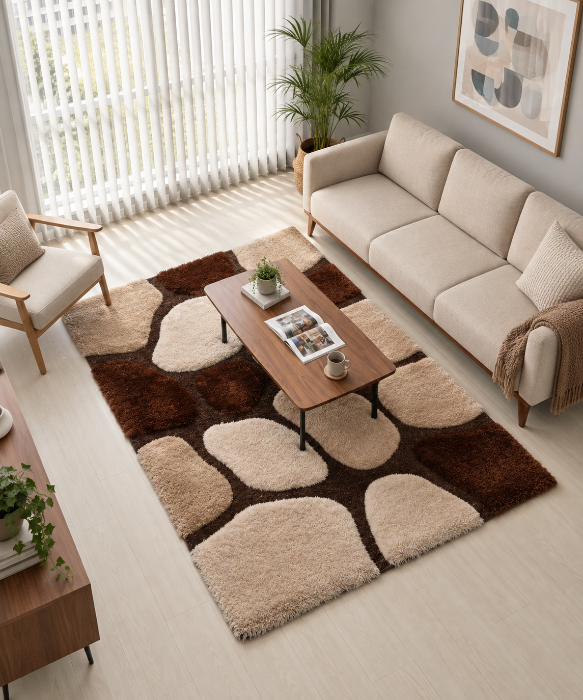 Brown, Beige & Ivory Pebble Pattern Premium Shaggy Rug – Soft Feel with Anti-Skid Backing
