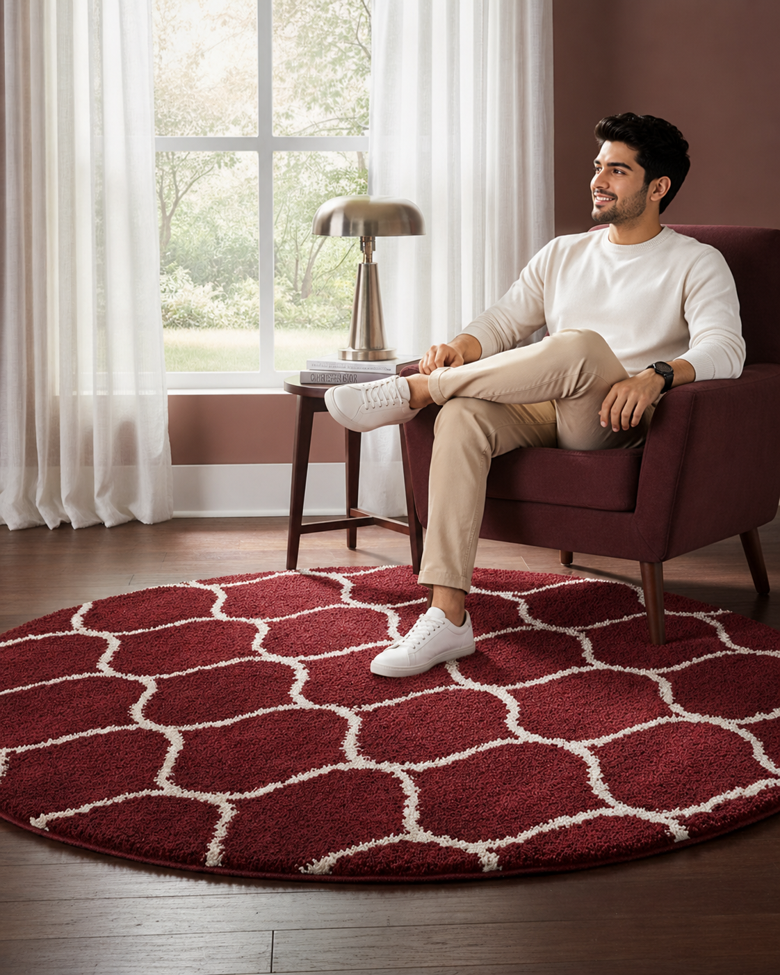 Red & White Luxury Moroccan Style Round Shaggy Rug – Extra Soft with Anti-Skid Rubber Backing