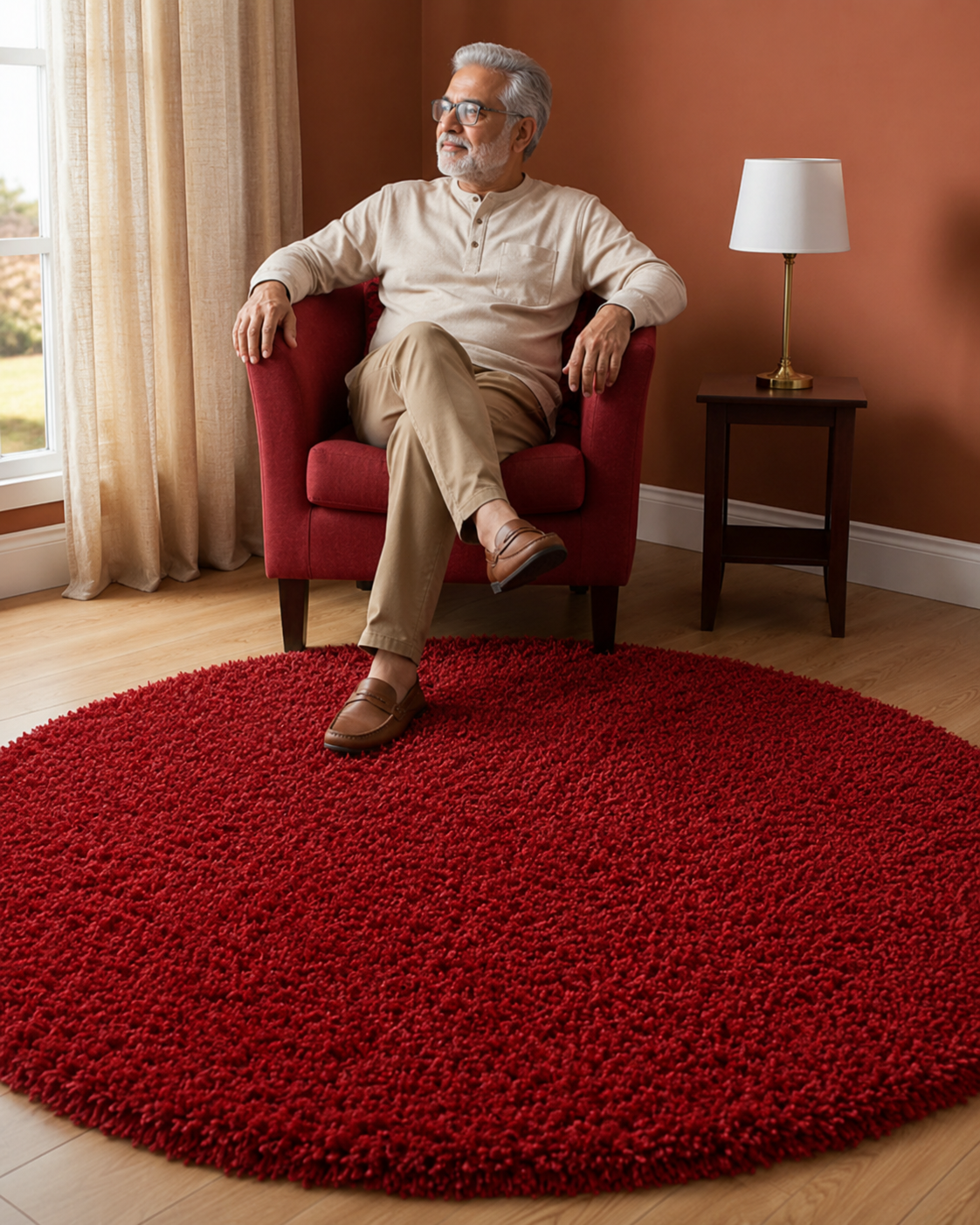 Premium Plain 2 inch Long pile Red Round Shaggy Rug – Soft Touch & Anti-Skid Base