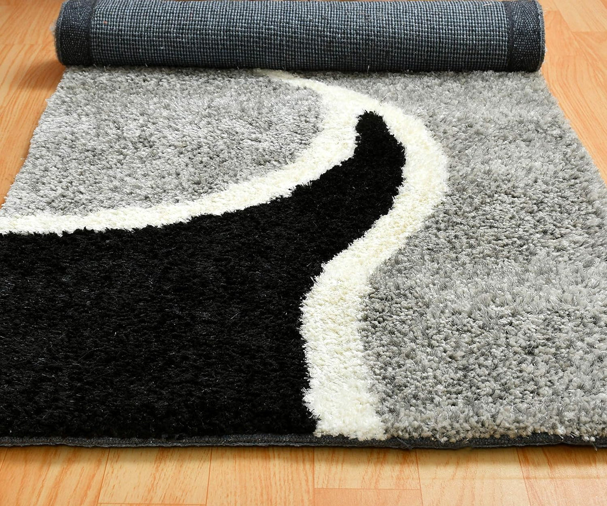 Black, White & Grey Abstract Wave Pattern Bedside Runner with Anti-Skid Backing