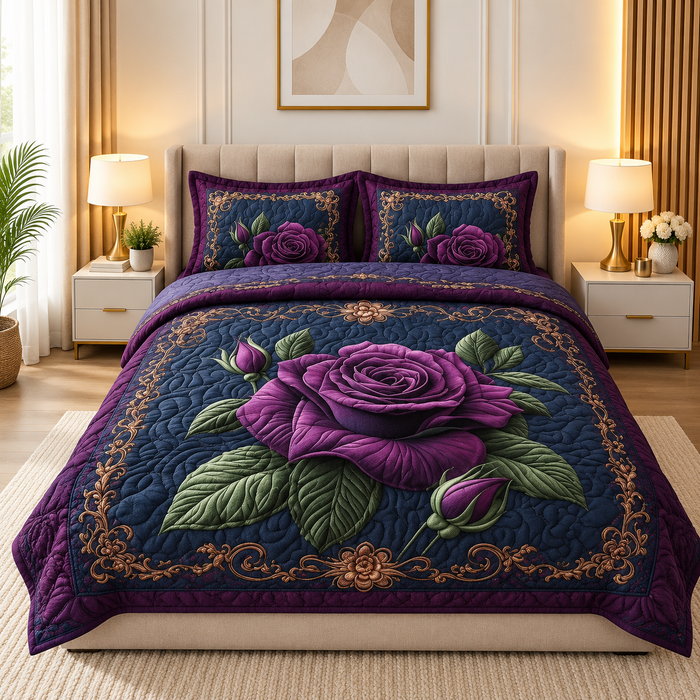 Premium 7D Purple Rose Quilted Vision King Size Bedsheet