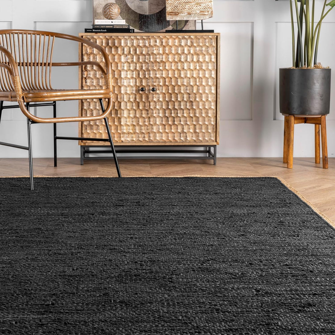 Kashyaparugs handwoven natural jute flatwoven area rug with defined black double border – warm, durable, suits modern and bohemian interiors