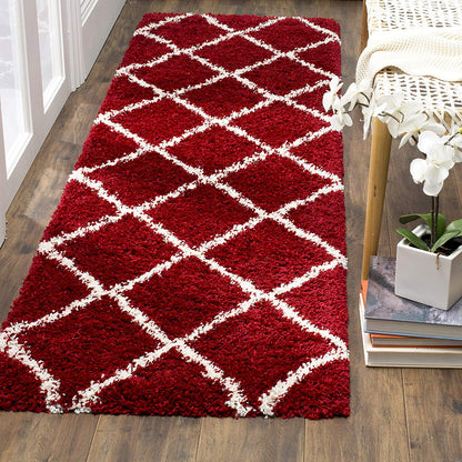 Kashyapa Rugs Collection - Diamond Shaggy Rug for Bedroom Red with Ivory Lines/ Microfiber Hand tufted Carpet