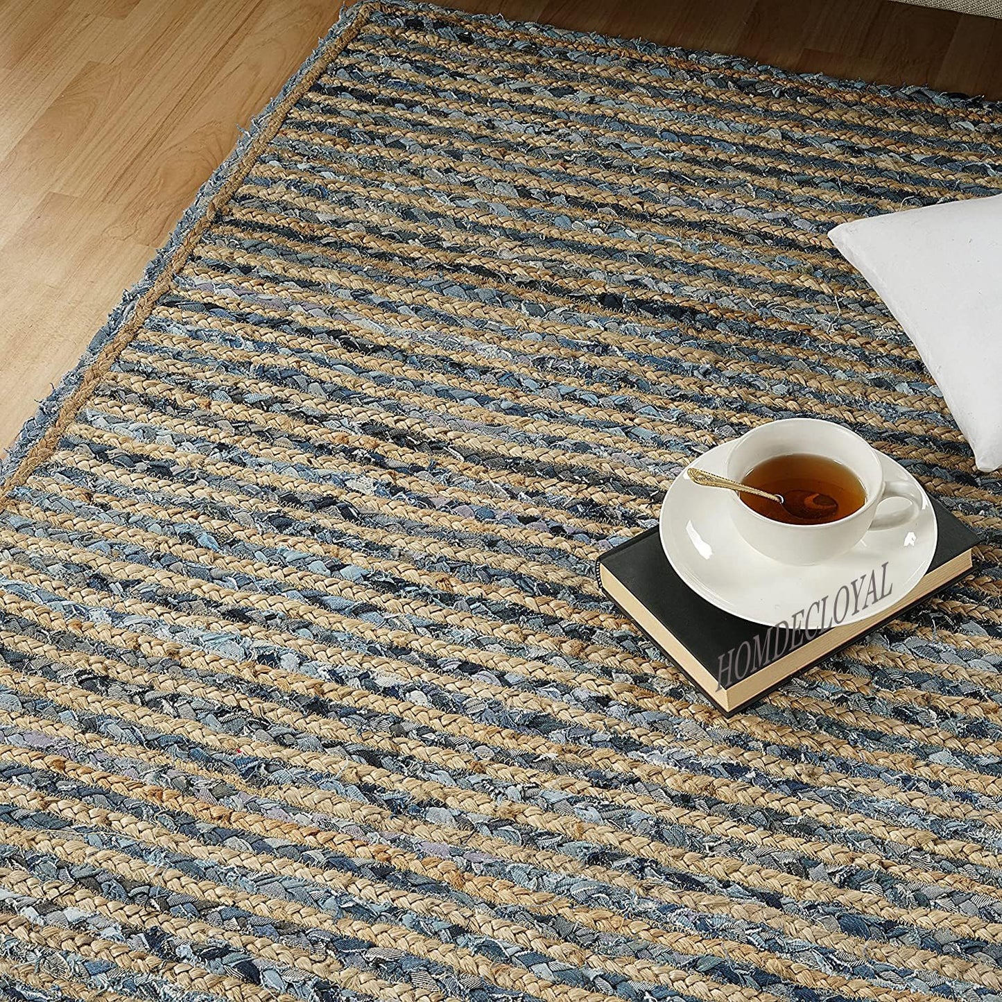 Jeans With Natural Jute Hand Braided Rugs.