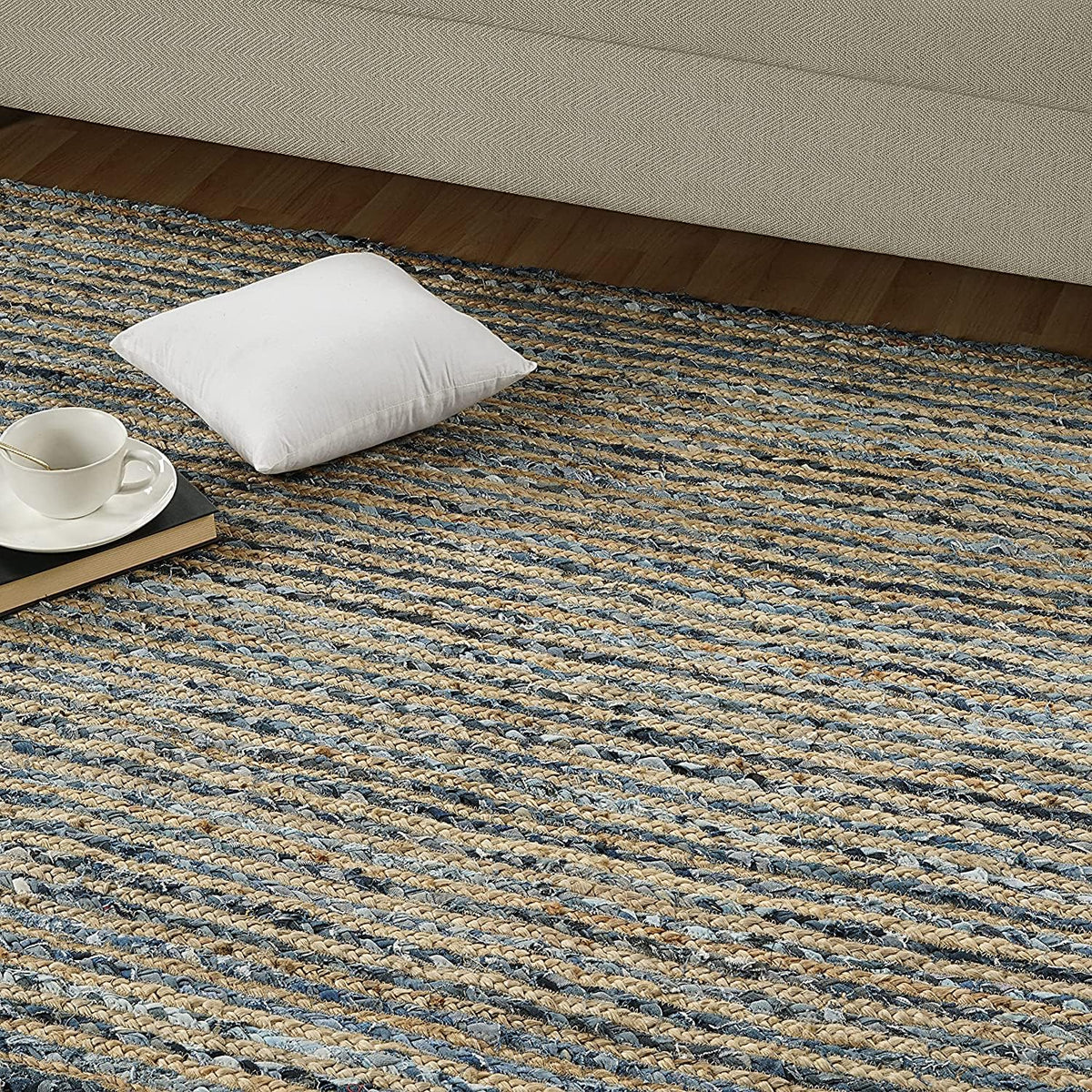 Jeans With Natural Jute Hand Braided Rugs.