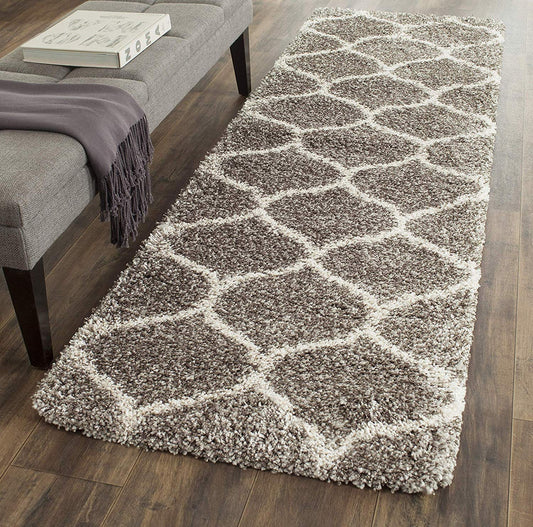 Kashyapa Rugs Collection - Moroccan Style Microfiber Carpet Runner In Grey & White| Soft, Non-Slip, Easy to Clean.