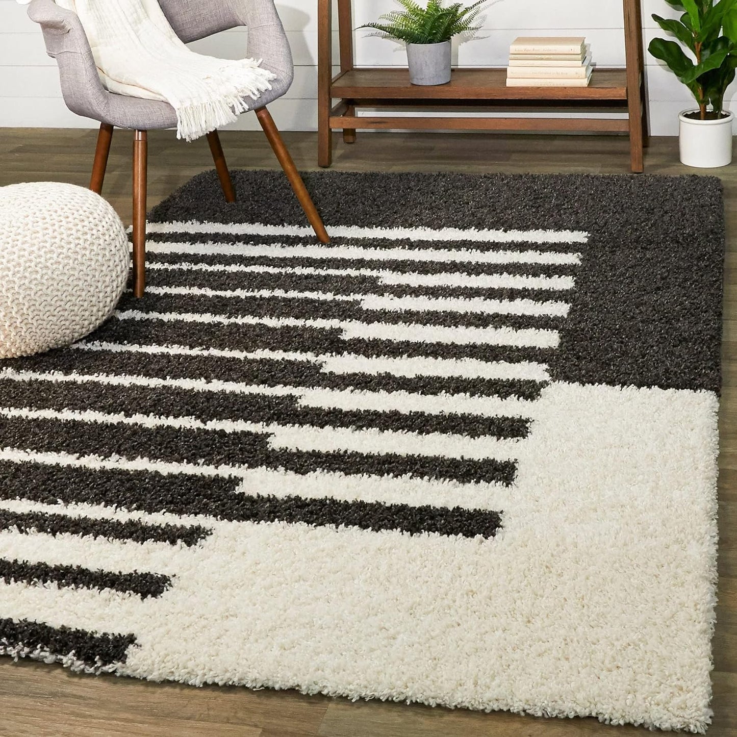 Kashyapa Rugs Collection - Latest Loom Tufted Black with Ivory Ultra Soft Anti Skid Handwoven Microfiber Shag Rug