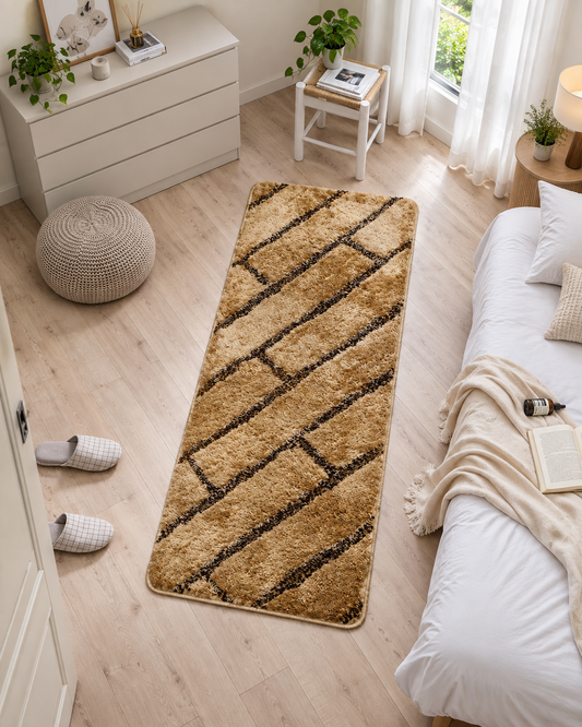 Golden Beige Geometric Shaggy Bedside Runner Rug with Anti-Skid Backing