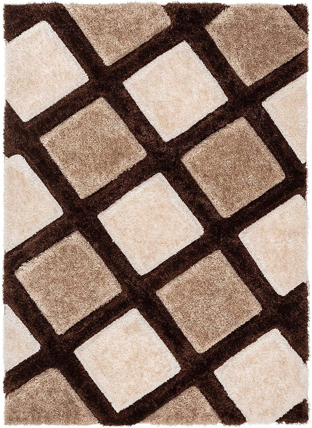 Modern Brown, Beige & Ivory Geometric Shaggy Living Room Carpet with Anti-Skid Backing