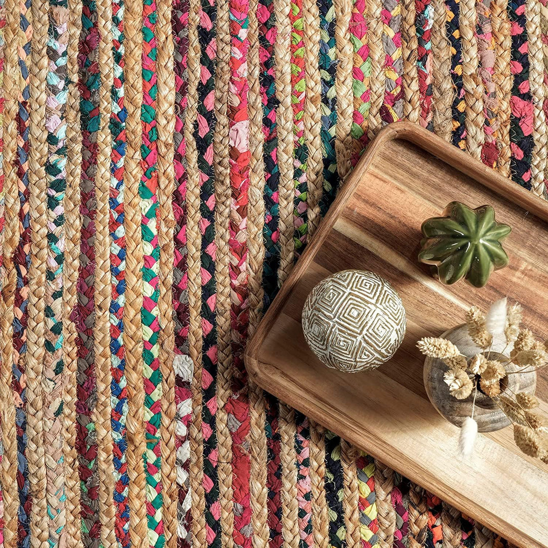 Kashyaparugs handmade braided natural jute area rug with multicolor cotton dye scalloped farmhouse design – warm earthy texture, durable