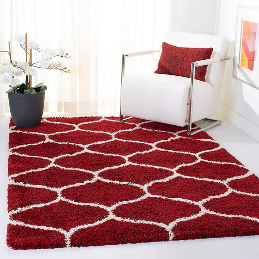 Red & White Tufted Moroccan Design Carpet – Soft Feel with Anti-Skid Rubber Backing